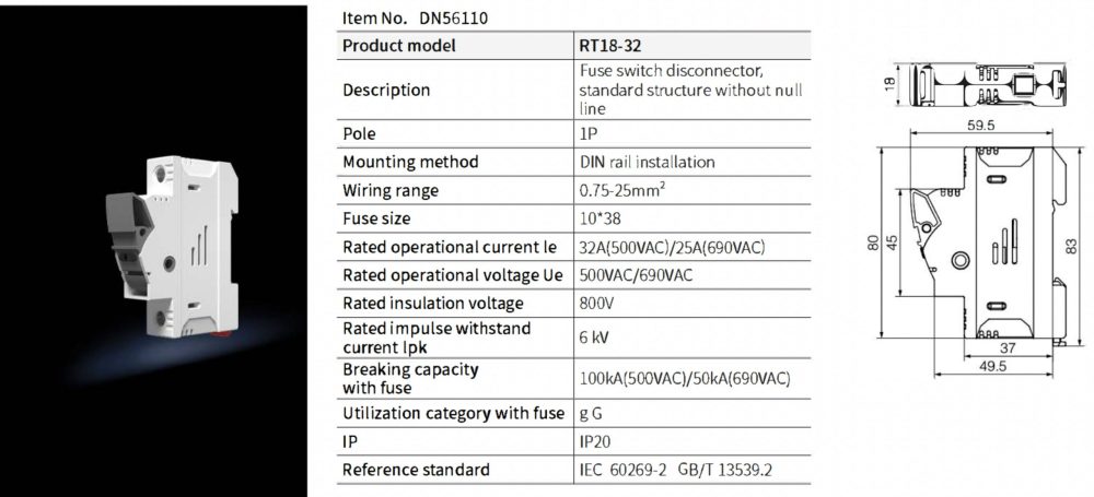 Inline fuse holder RT18-32 fuse size 10*38 1P