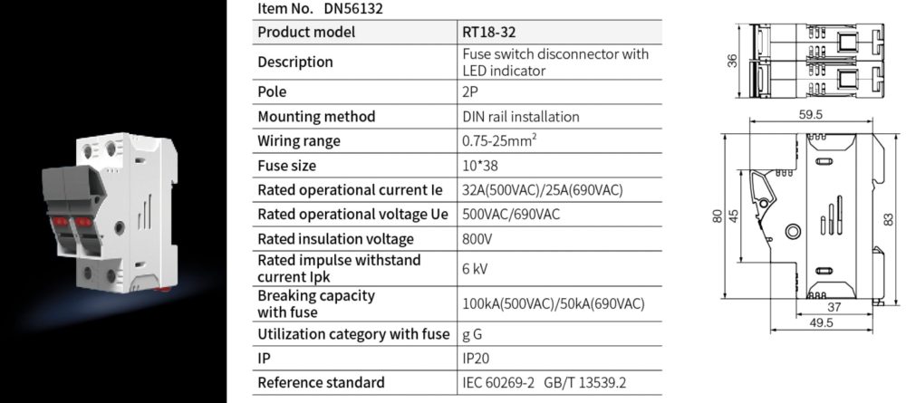 30 Amp fuse holder RT18X-32 with LED indicator 2P